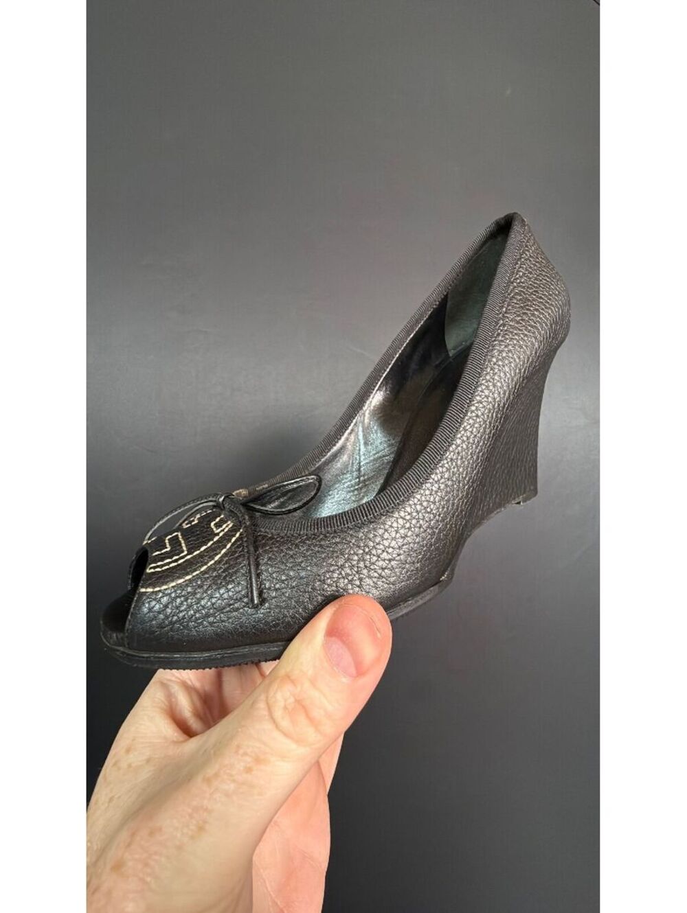 Gucci Black Leather Peep Toe Tie Wedge Size 38.5
